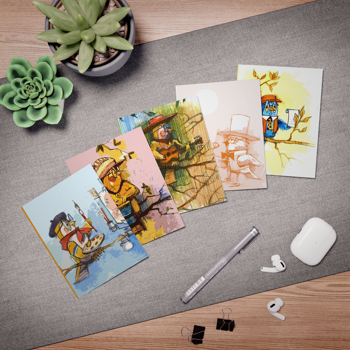 Whimsical Bird Character Greeting Cards — 5-Pack Multi-Design Set