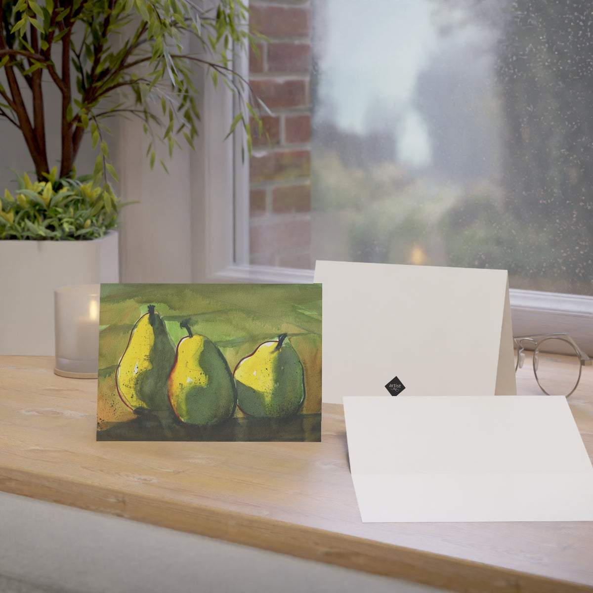 Pear Trio Greeting Card – Watercolor Fruit Blank Note Cards (Sets of 1, 10, 30, 50)