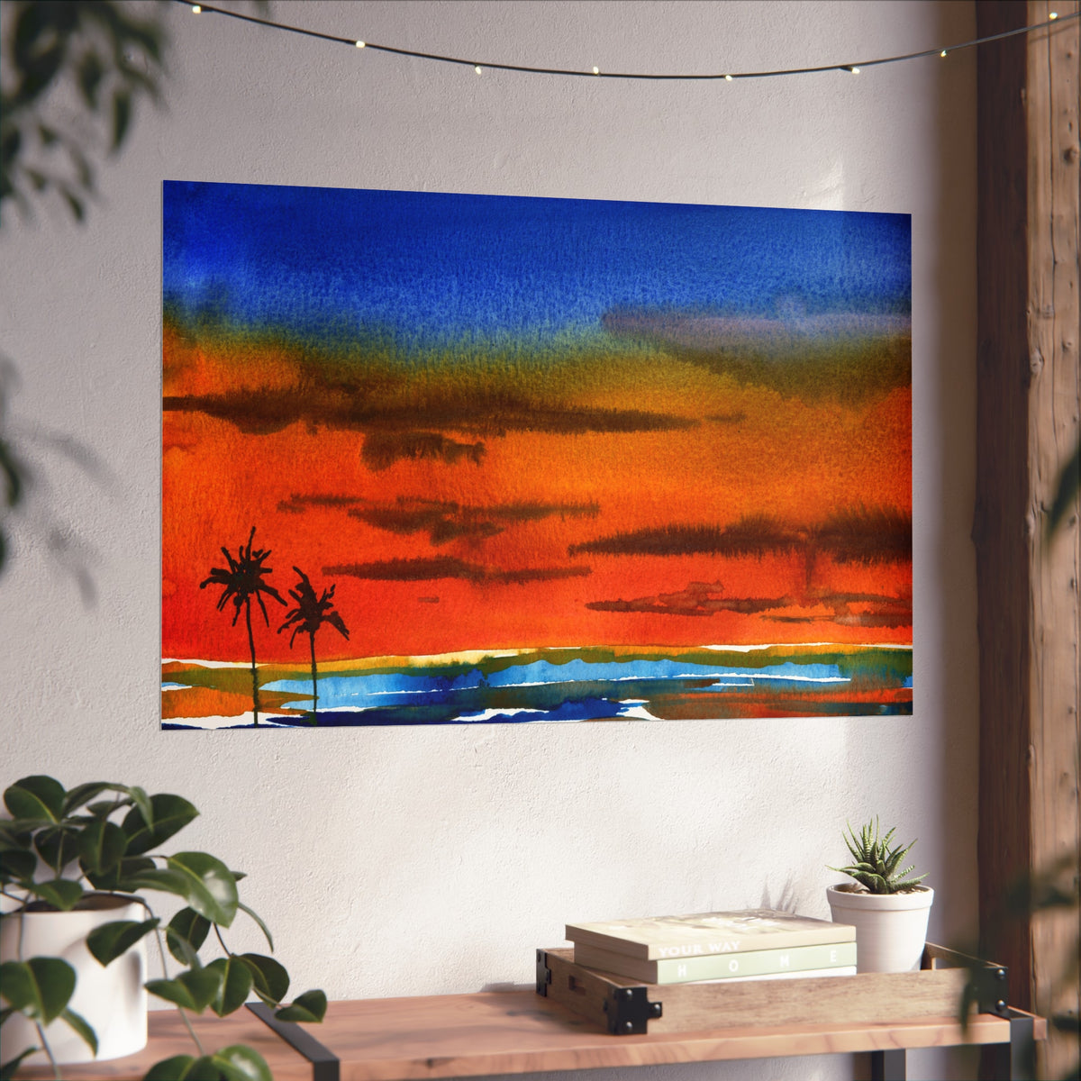 Fine Art Poster — Vibrant Tropical Sunset Watercolor with Palm Silhouettes