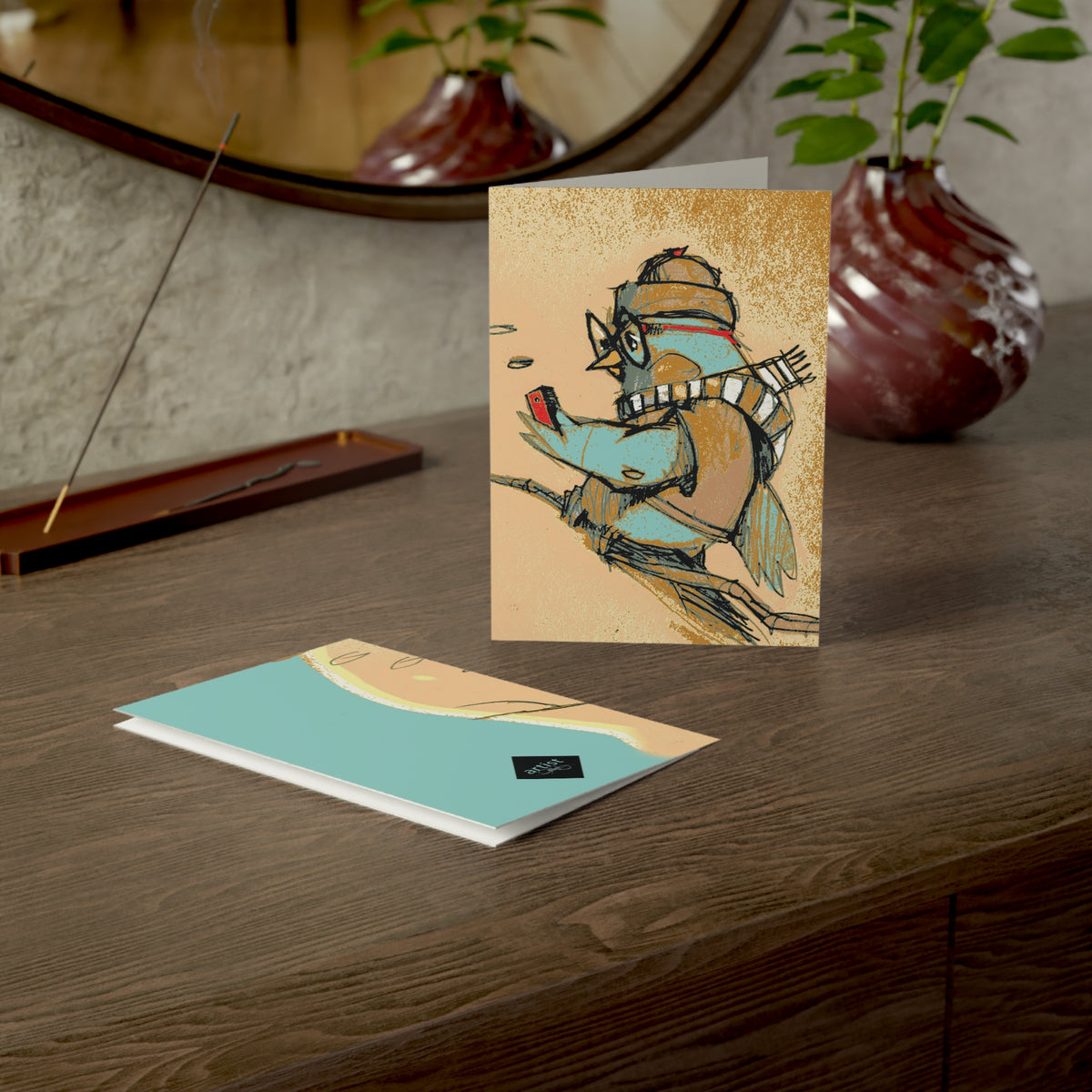 Whimsical Winter Bird Illustration Greeting Card – Pack of 1/10/30/50