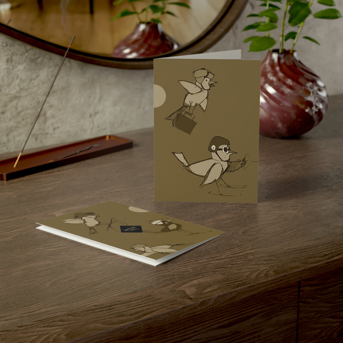 Greeting Card Set — Vintage Aviator Birds Illustration (Single to 50-Pack)