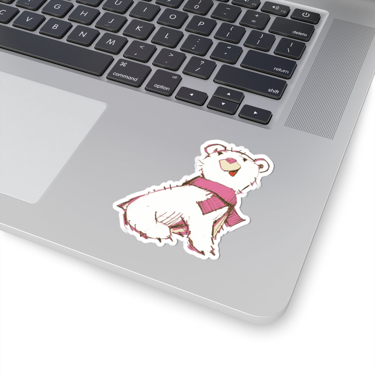 Cute Polar Bear Sticker — Hand-Drawn White Bear with Pink Scarf Kiss-Cut Sticker