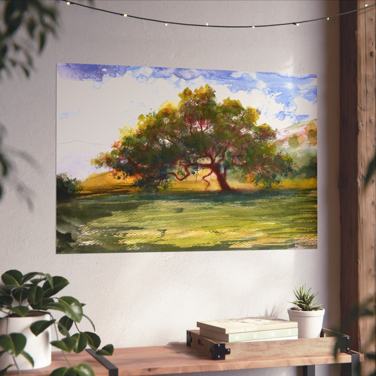 Landscape Tree Fine Art Poster — Watercolor Oak Sunset Wall Art