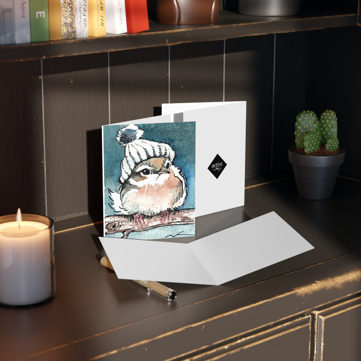 Cute Winter Bird Greeting Cards — (Adorable Chickadee in Knit Hat)