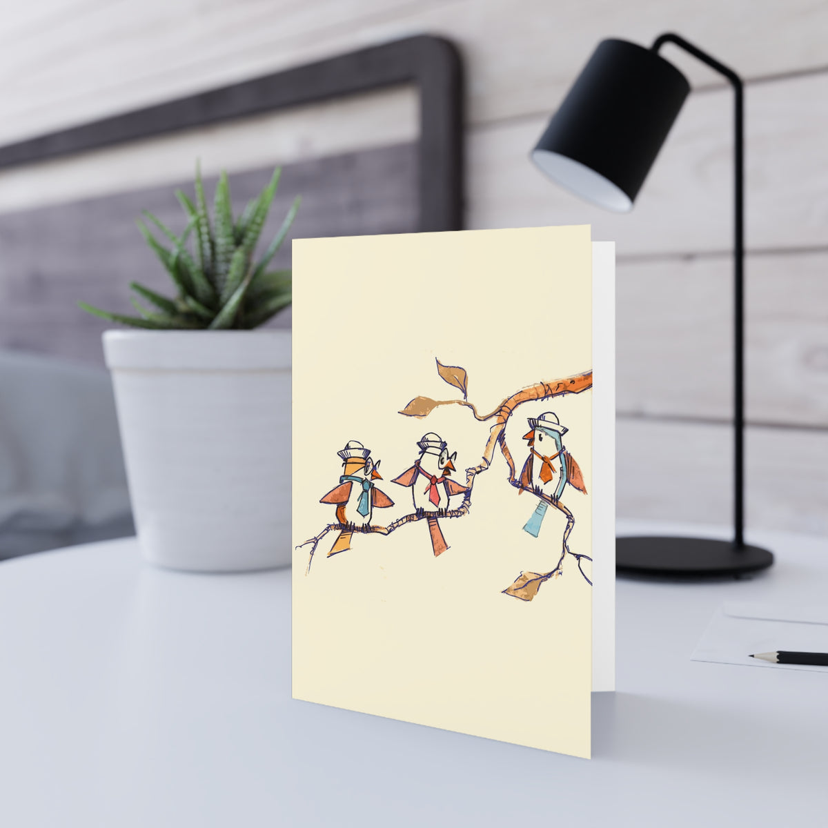 Birds on a Branch Illustration Greeting Card — Whimsical Autumn Note Card
