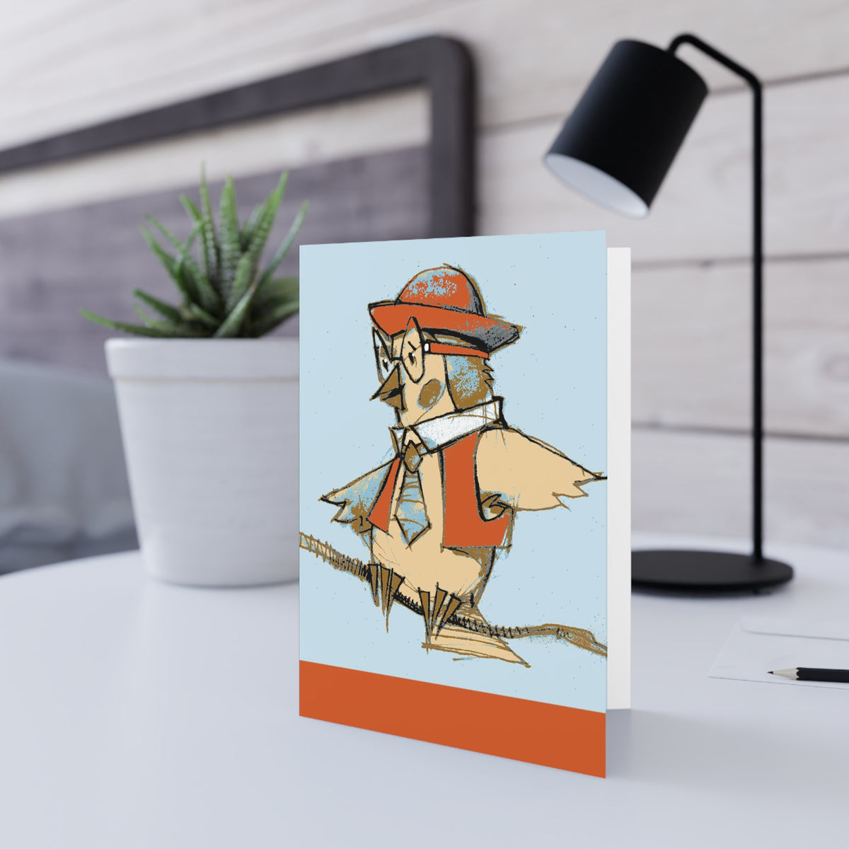 Cute Scholar Chick Greeting Card — Whimsical Owl-like Bird in Hat & Tie