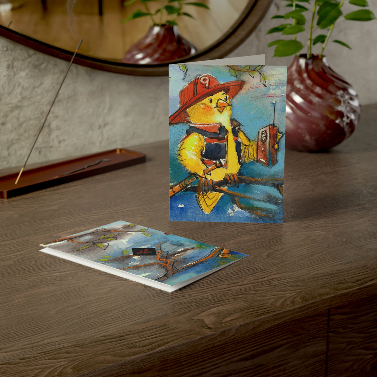 Firefighter Chick Greeting Cards — Cute Hand-Painted Rescue Bird Note Cards (1/10/30/50 pcs)