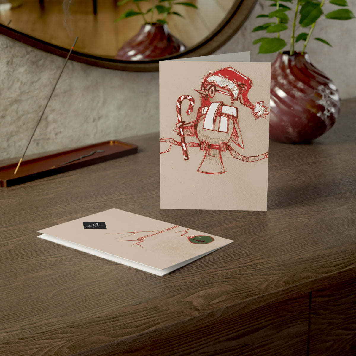 Holiday Bird Greeting Card — Hand-Drawn Santa Hat & Ornament Christmas Card (1/10/30/50 pcs)