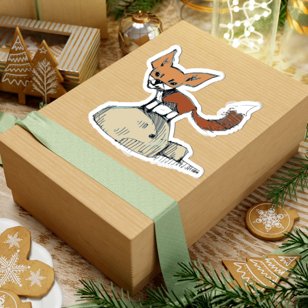 Hand-Drawn Fox on Rock Kiss-Cut Sticker — Cute Woodland Laptop Decal