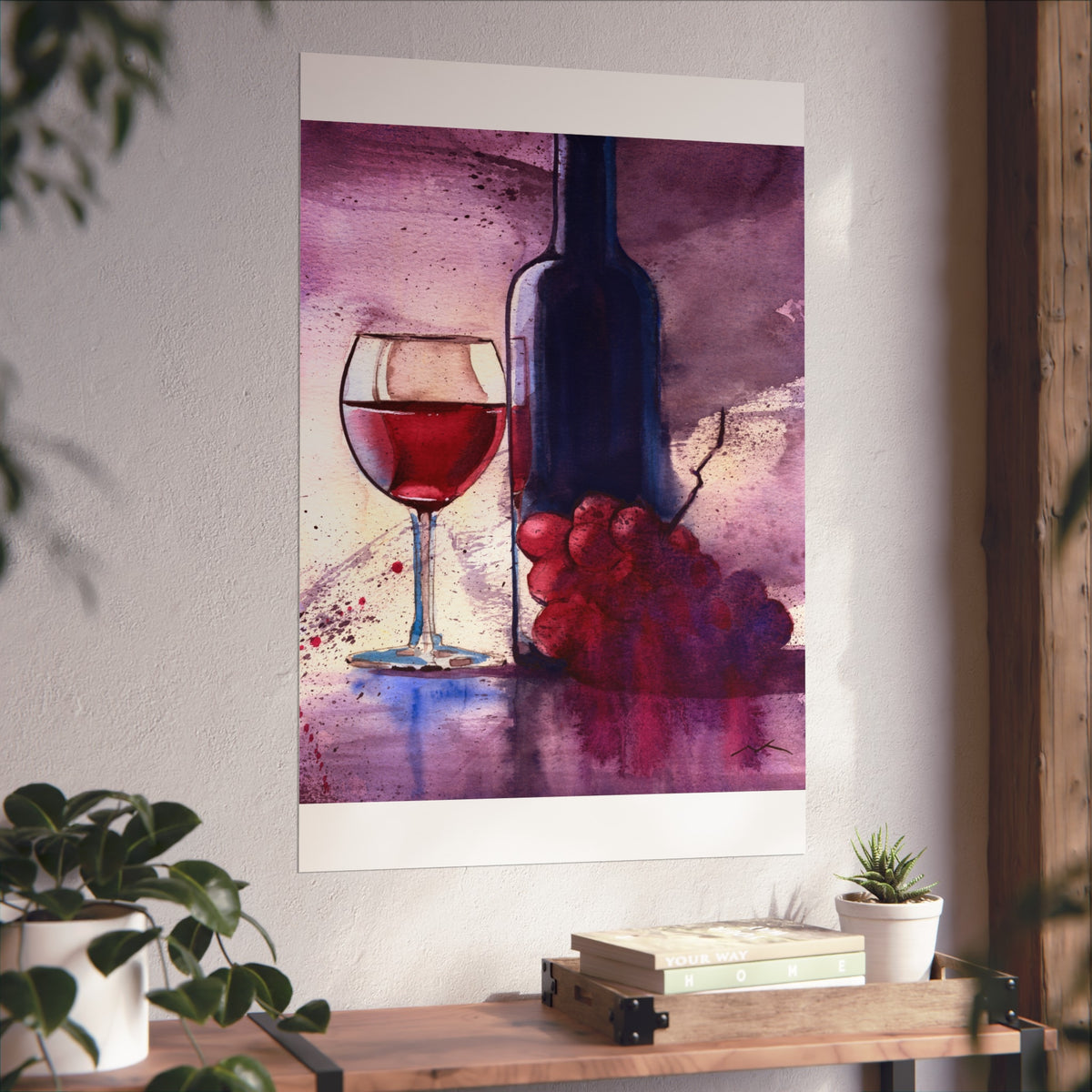 Wine Still Life Fine Art Poster — Watercolor Bottle, Glass & Grapes Wall Art