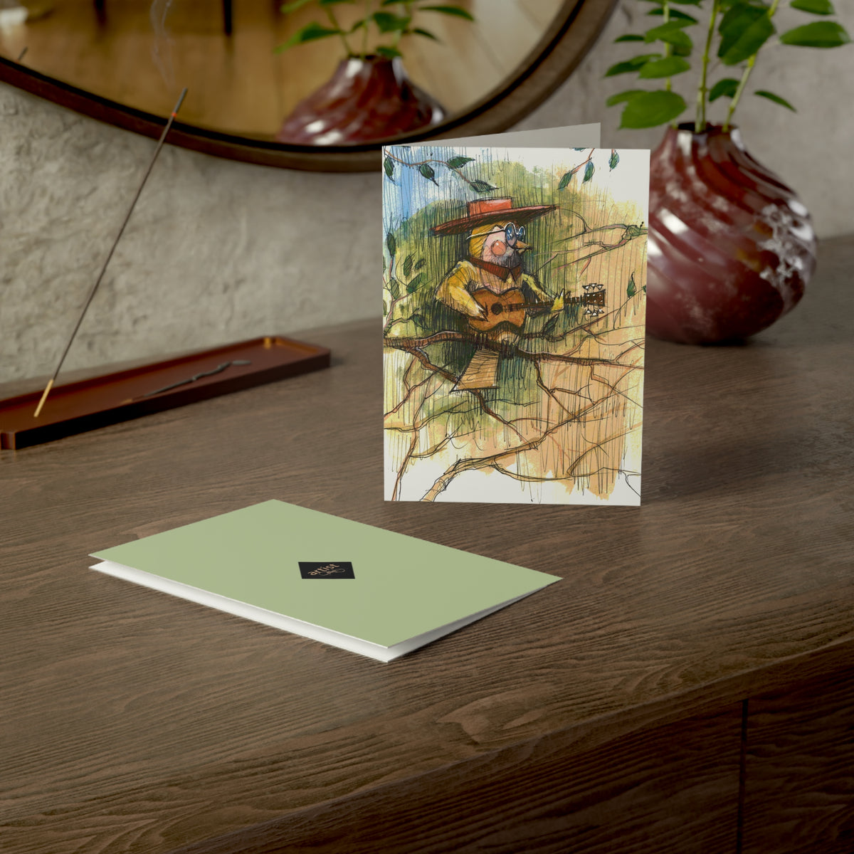 Greeting Card — Whimsical Owl Guitarist Illustration (Blank Inside, Packs of 1/10/30/50)