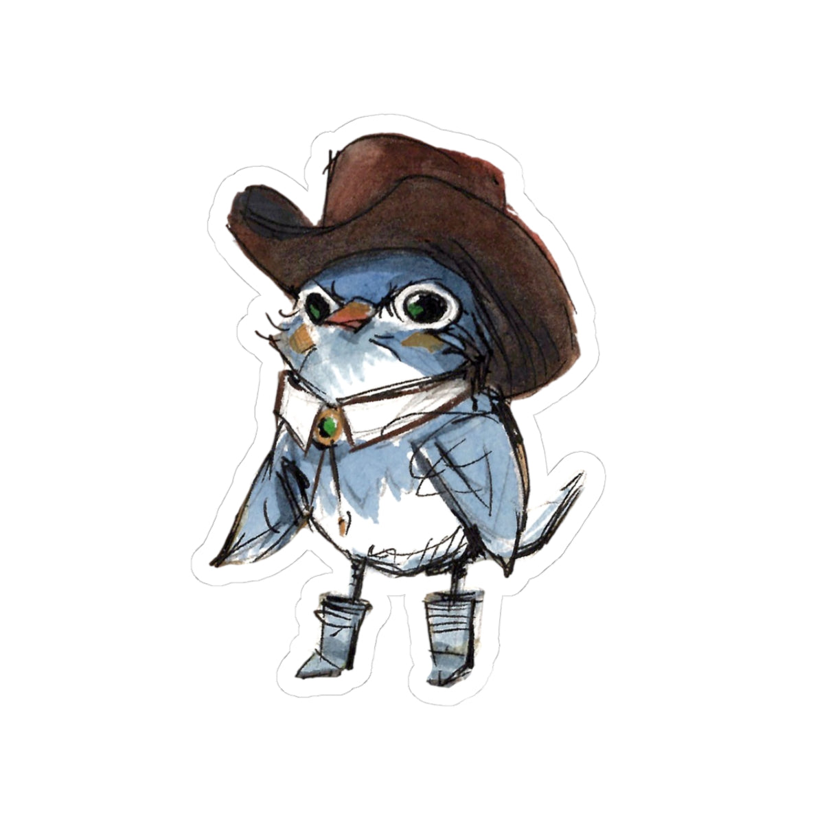 Cowboy Bird Kiss-Cut Sticker — Cute Western Bluebird Sticker for Laptops & Journals