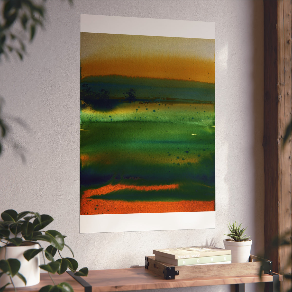Abstract Landscape Fine Art Poster — Green & Orange Watercolor Wall Art