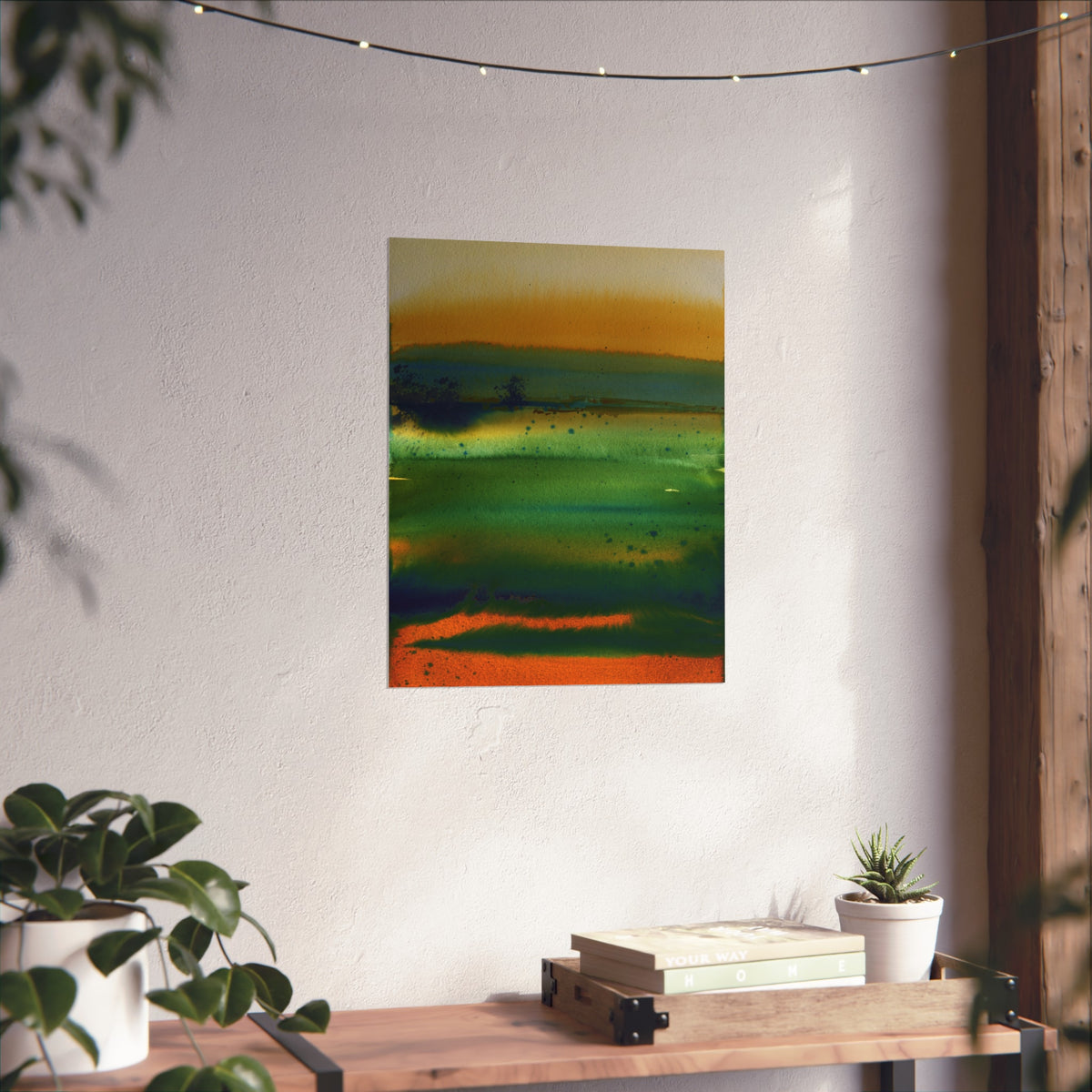 Abstract Landscape Fine Art Poster — Green & Orange Watercolor Wall Art