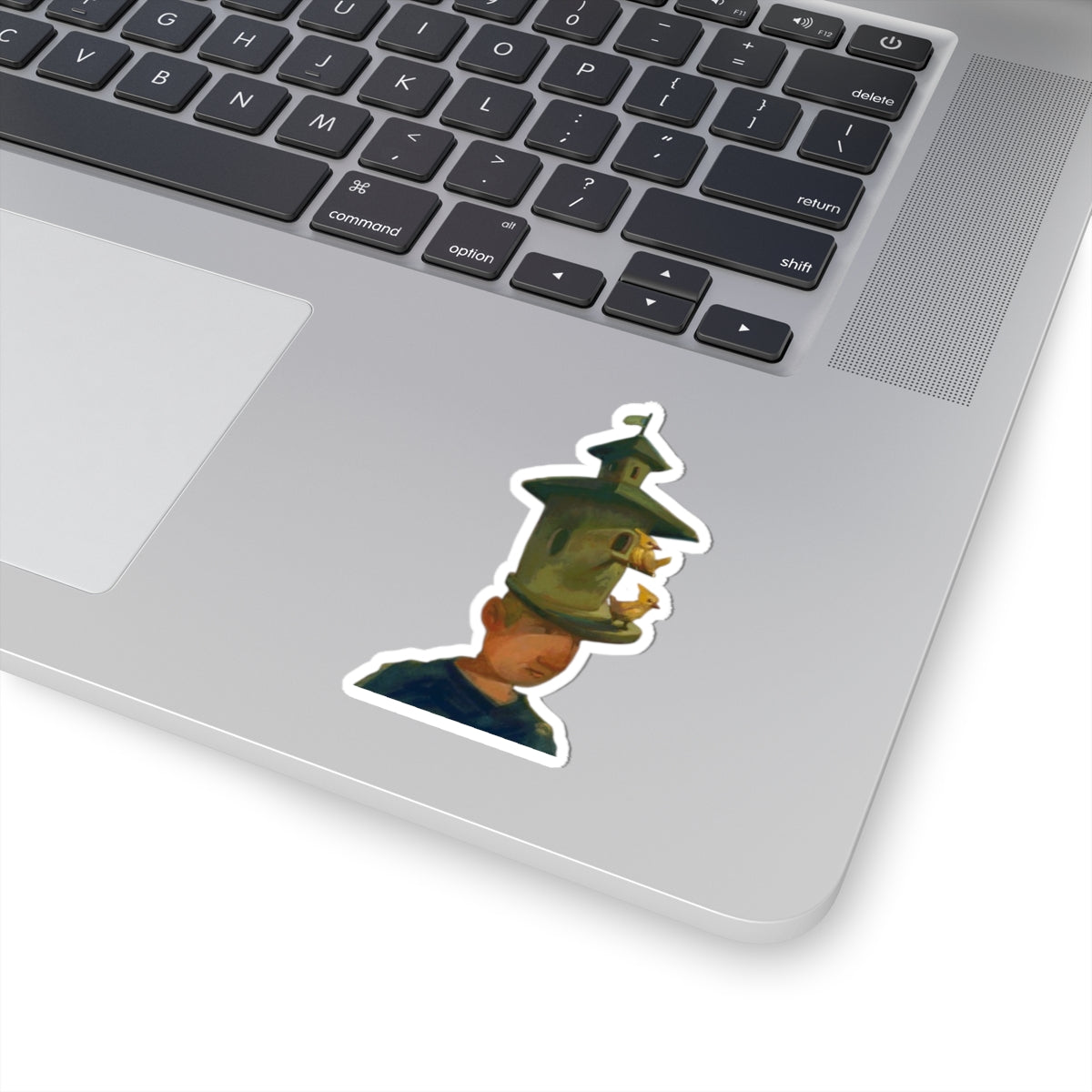 Surreal Birdhouse Head Sticker — Artistic Kiss-Cut Vinyl Decal