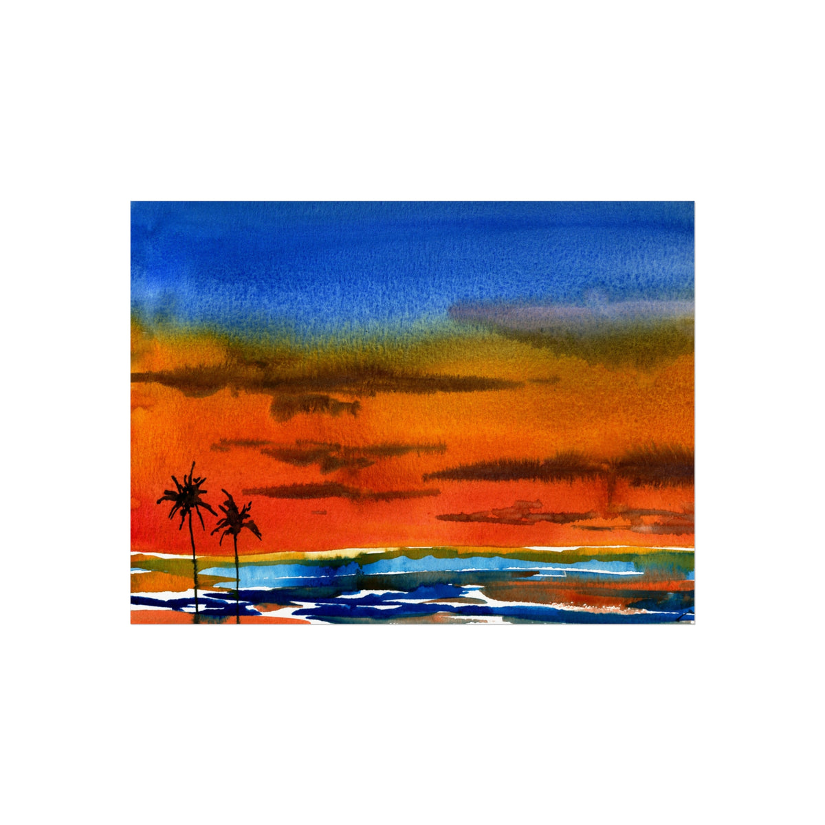 Fine Art Poster — Vibrant Tropical Sunset Watercolor with Palm Silhouettes