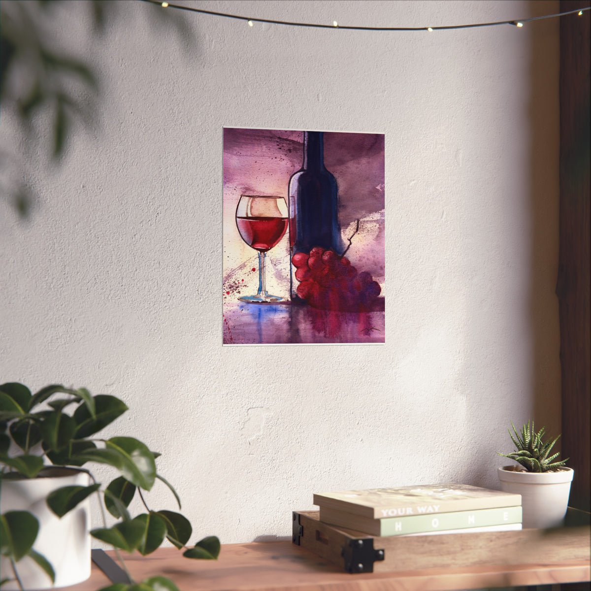 Wine Still Life Fine Art Poster — Watercolor Bottle, Glass & Grapes Wall Art