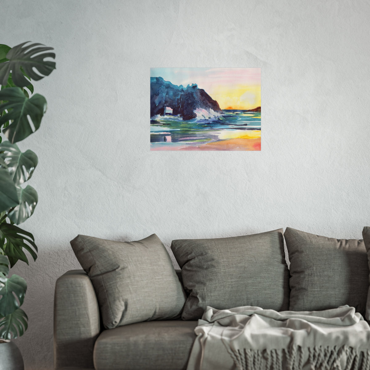 Watercolor Seascape Fine Art Poster — Coastal Sunset Beach Print