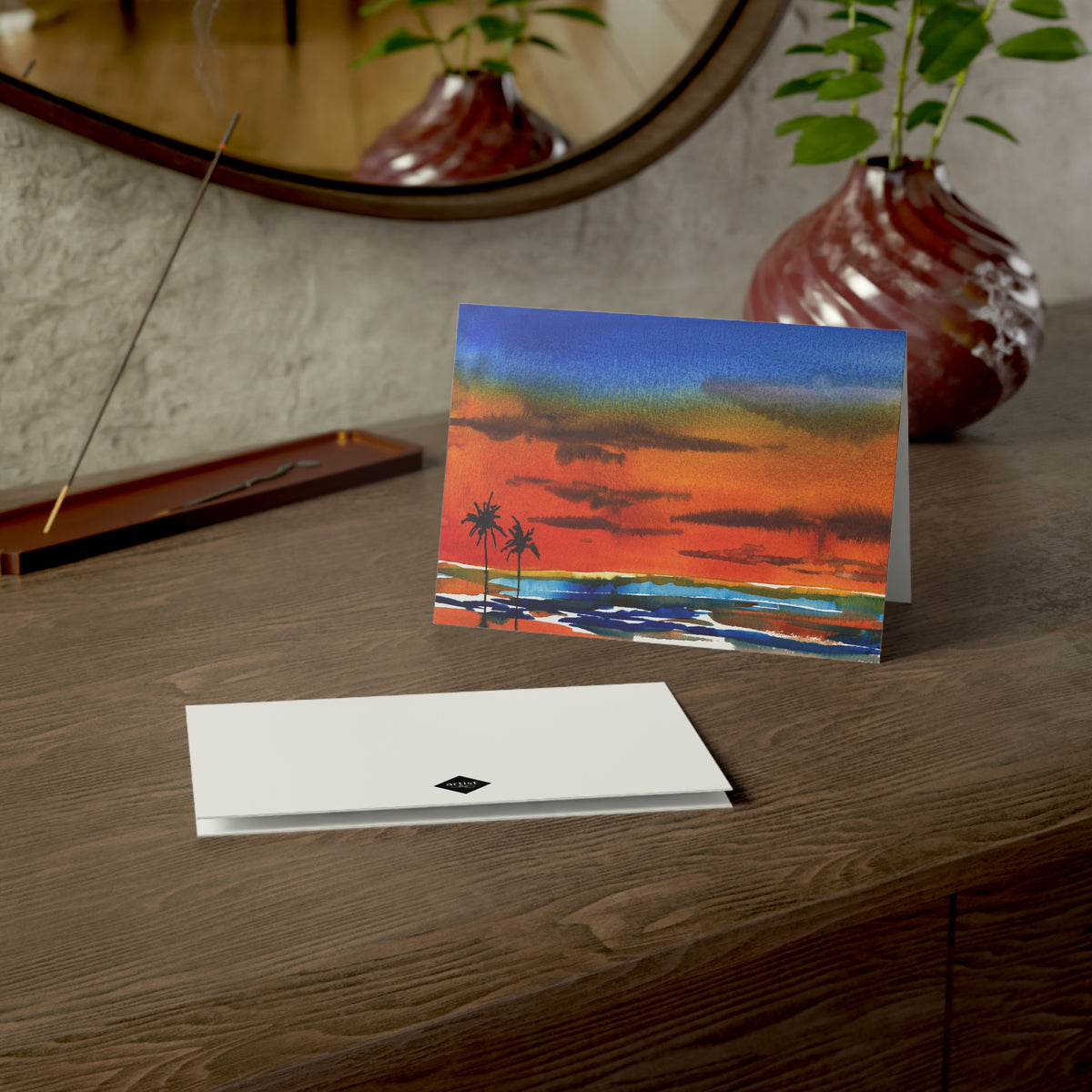 Sunset Beach Greeting Cards — Pack of 1/10/30/50, Tropical Palm Watercolor Note Cards