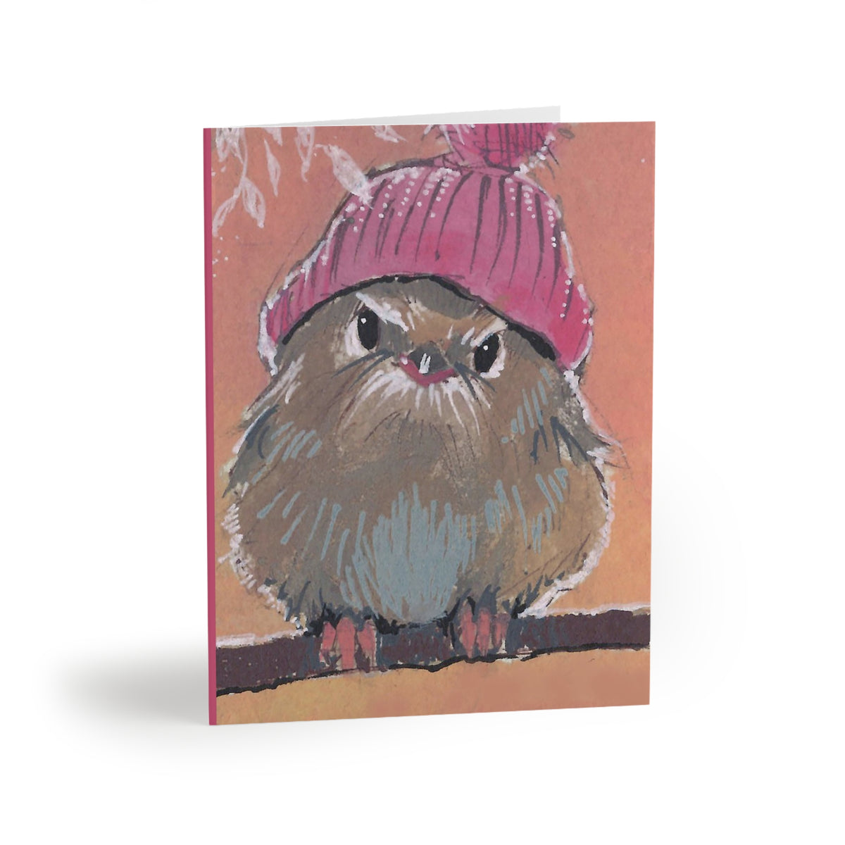 Chubby Bird in Pink Beanie — Cute Blank Greeting Cards