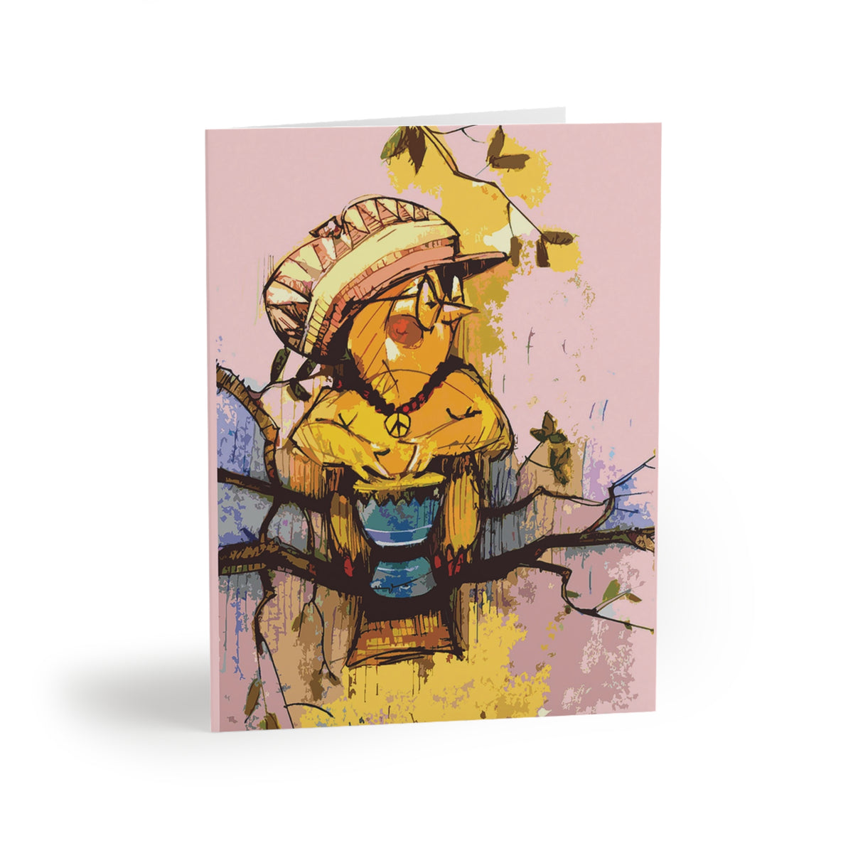 Cute Chick Drummer Bird Greeting Cards — Illustrated Note Cards