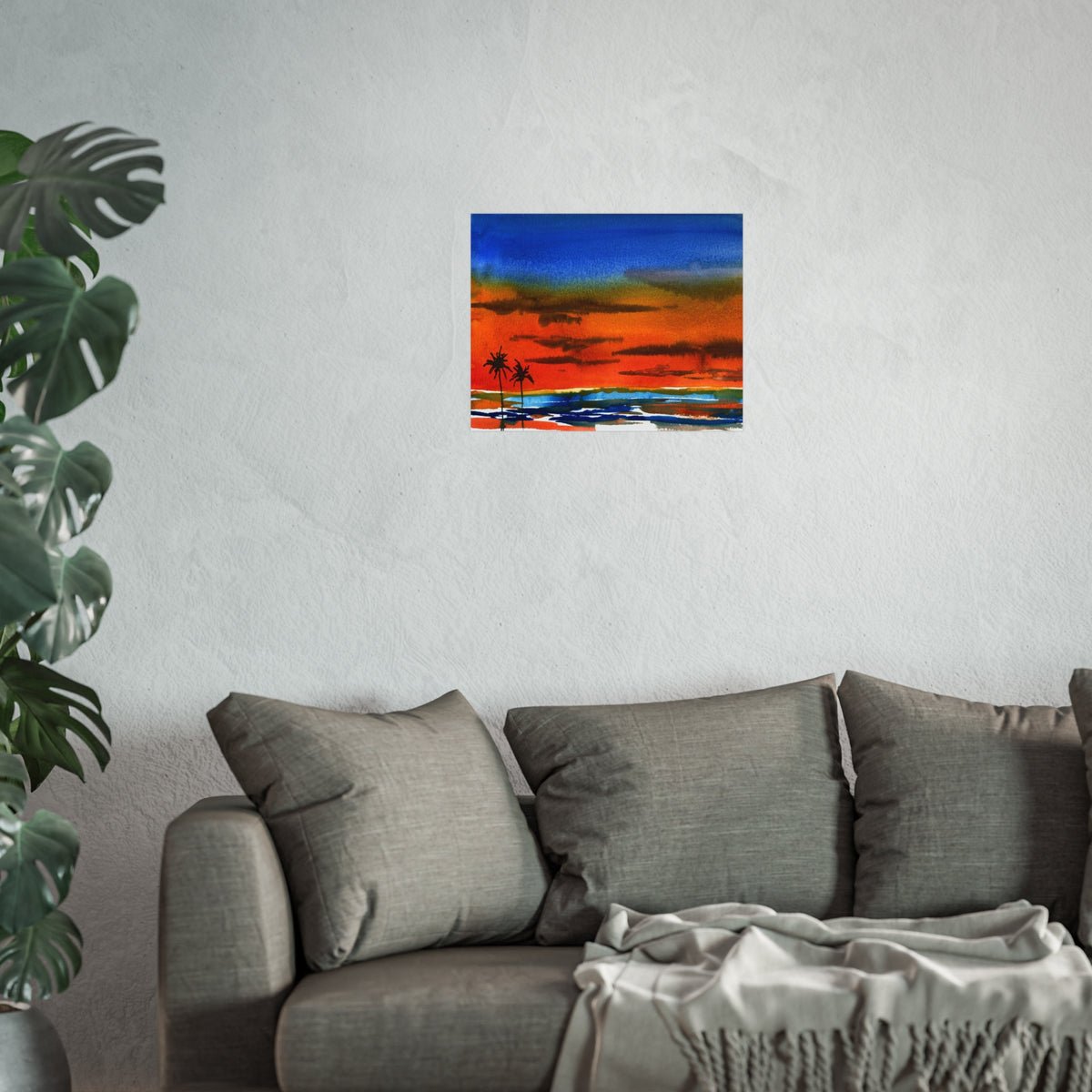 Fine Art Poster — Vibrant Tropical Sunset Watercolor with Palm Silhouettes