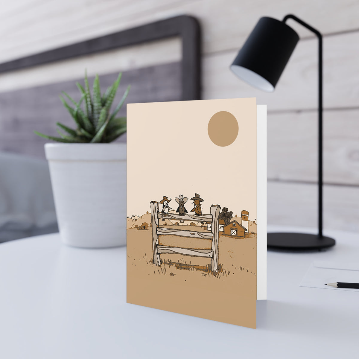 Western Farm Friends Greeting Card — Rustic Sun & Fence Illustration