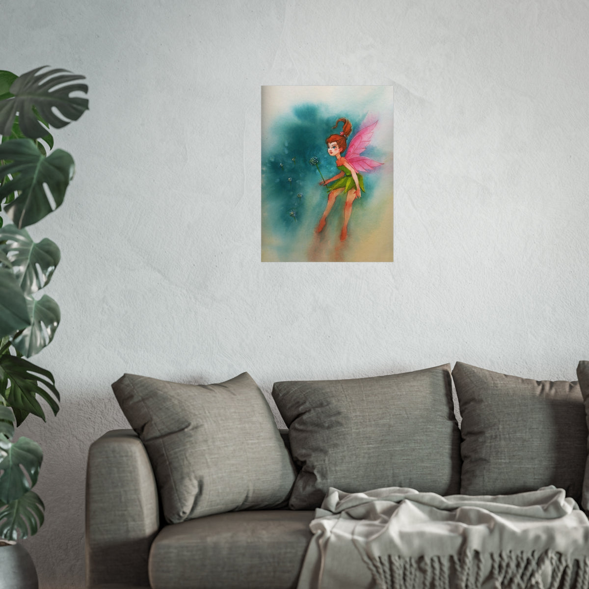 Fairy Watercolor Art Poster — Whimsical Pink-Winged Fairy Fine Art Print