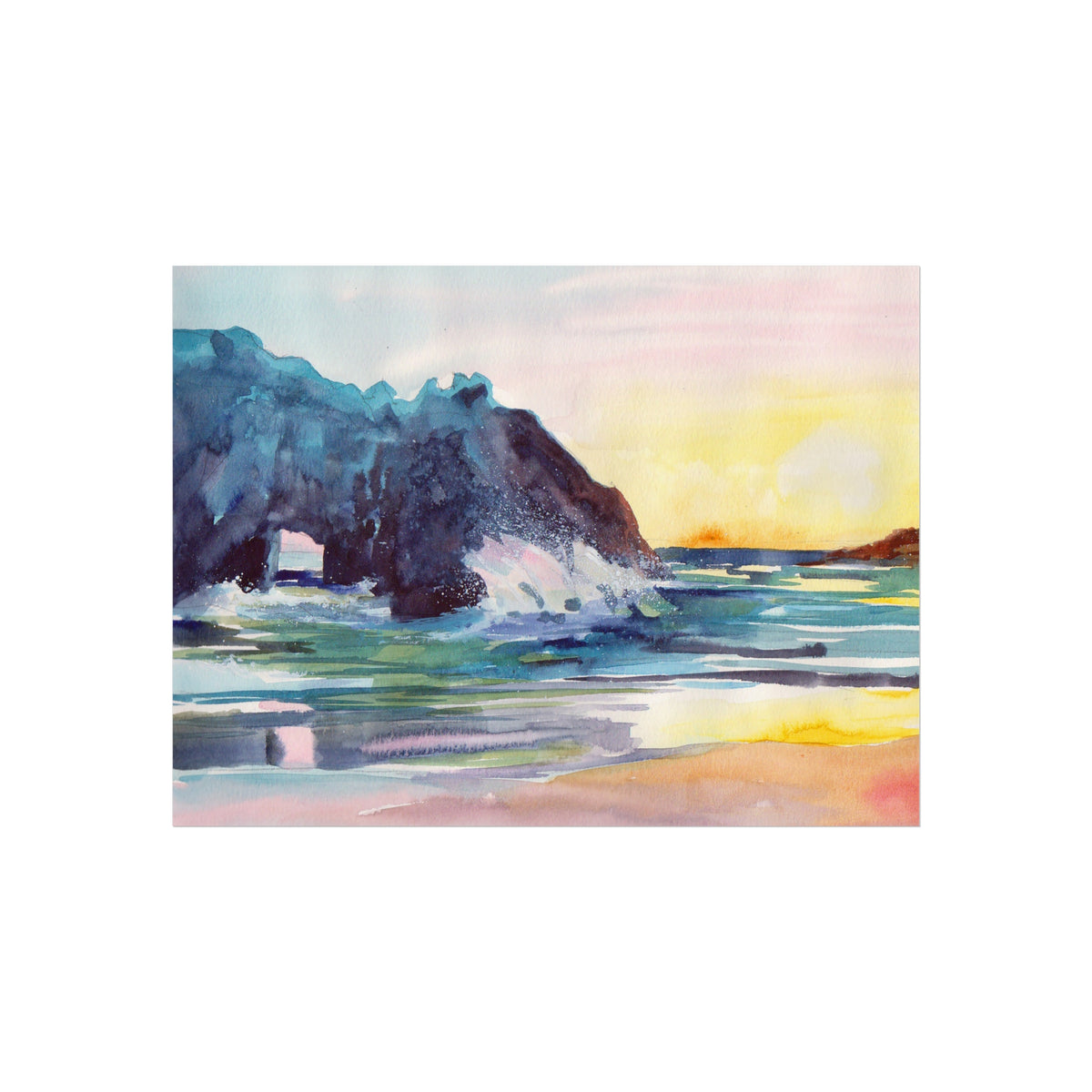 Watercolor Seascape Fine Art Poster — Coastal Sunset Beach Print