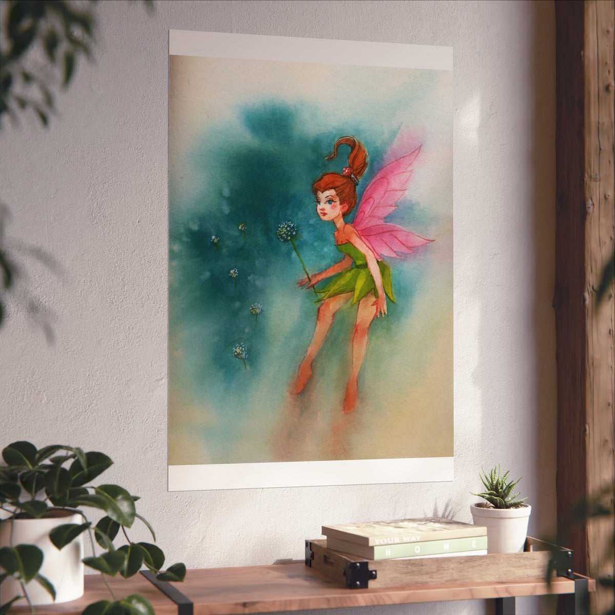Fairy Watercolor Art Poster — Whimsical Pink-Winged Fairy Fine Art Print