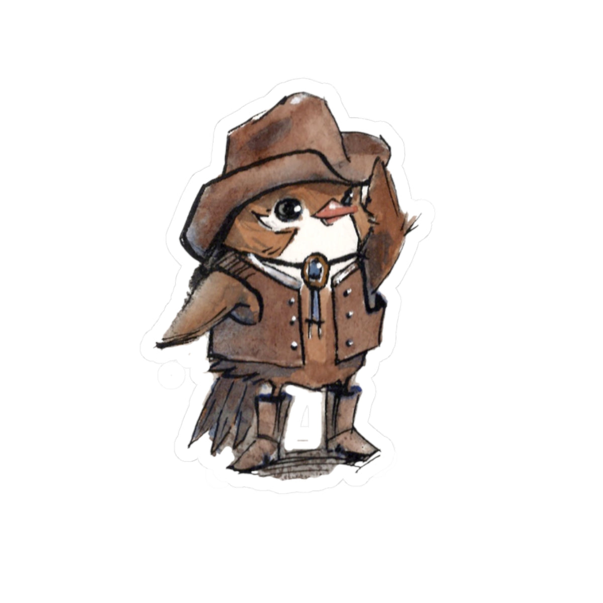 Cowboy Sparrow Kiss-Cut Sticker — Cute Western Bird Vinyl Decal