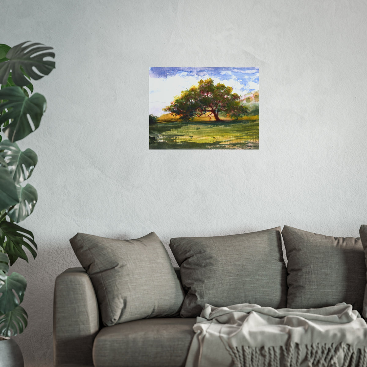 Landscape Tree Fine Art Poster — Watercolor Oak Sunset Wall Art