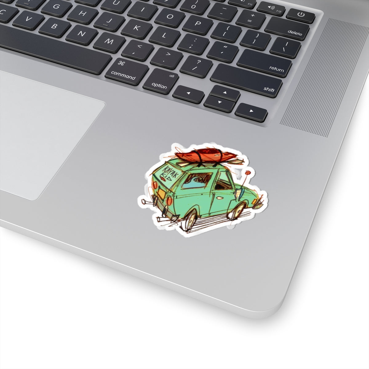 Kayak Road Trip Sticker — Retro Car with Kayaks Kiss-Cut Sticker