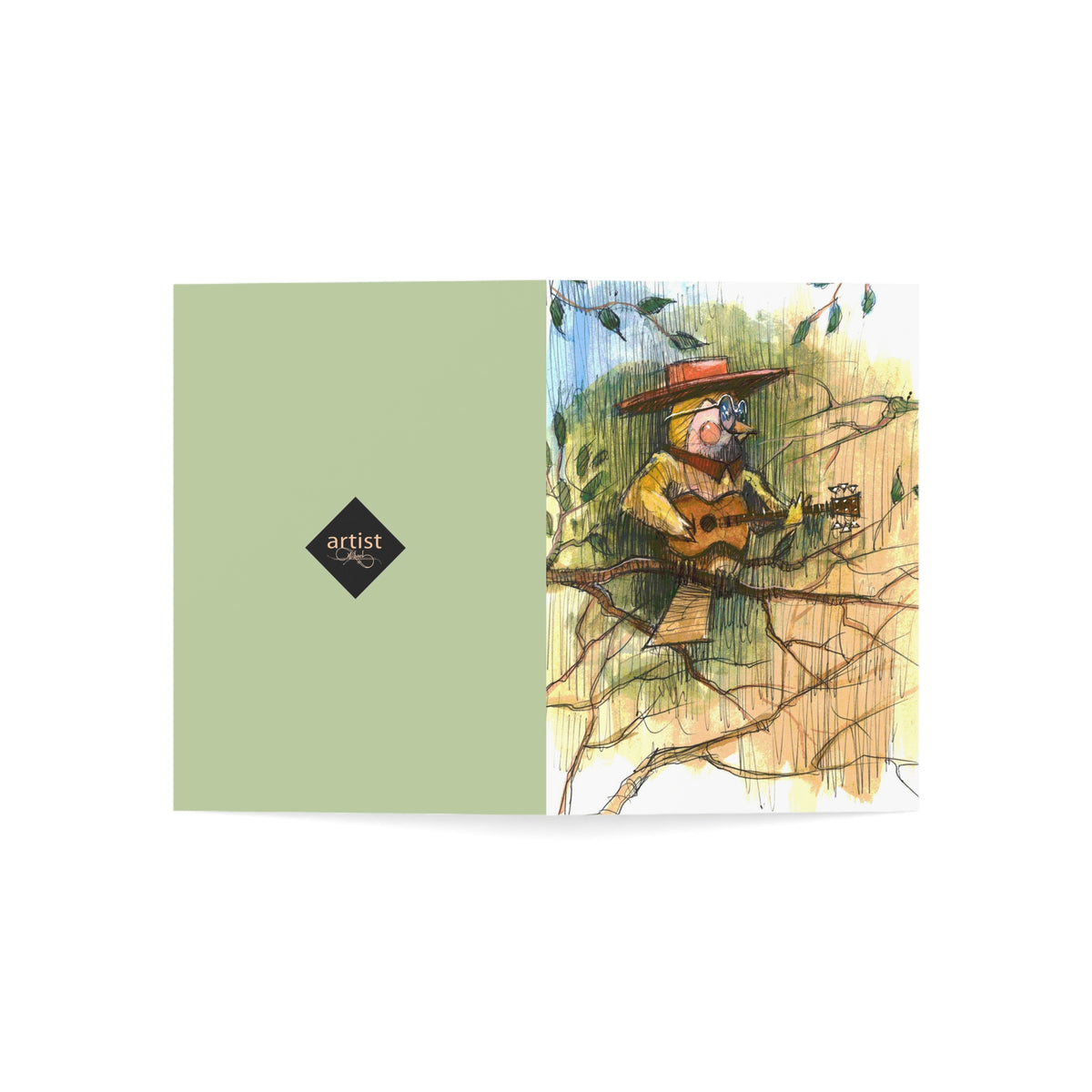 Greeting Card — Whimsical Owl Guitarist Illustration (Blank Inside, Packs of 1/10/30/50)