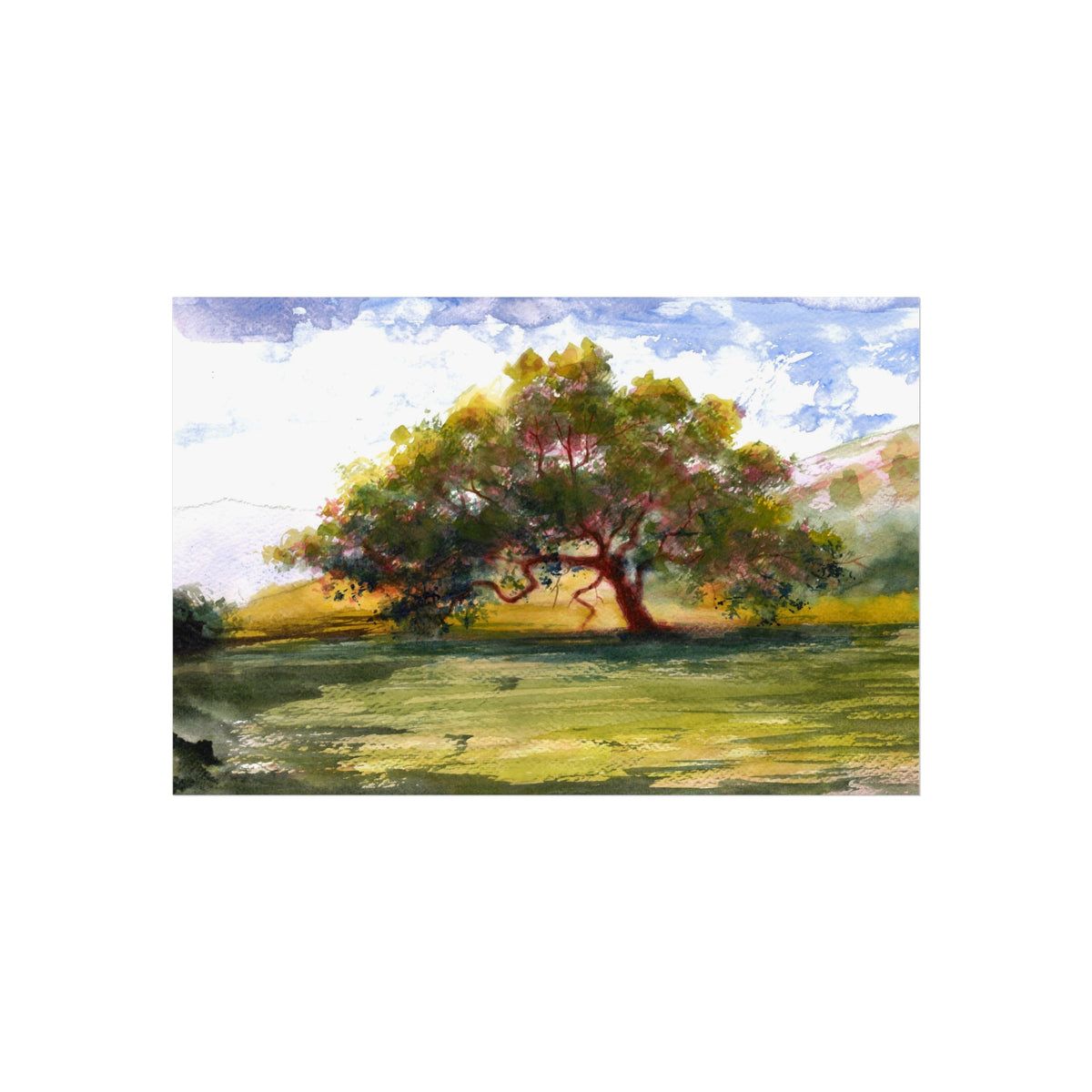 Landscape Tree Fine Art Poster — Watercolor Oak Sunset Wall Art