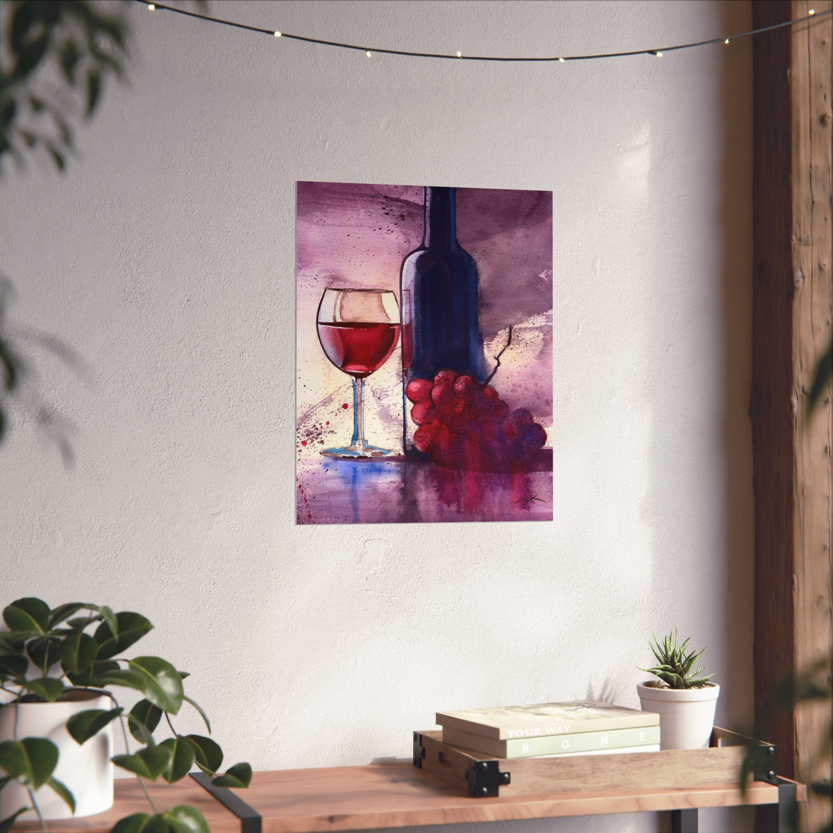 Wine Still Life Fine Art Poster — Watercolor Bottle, Glass & Grapes Wall Art