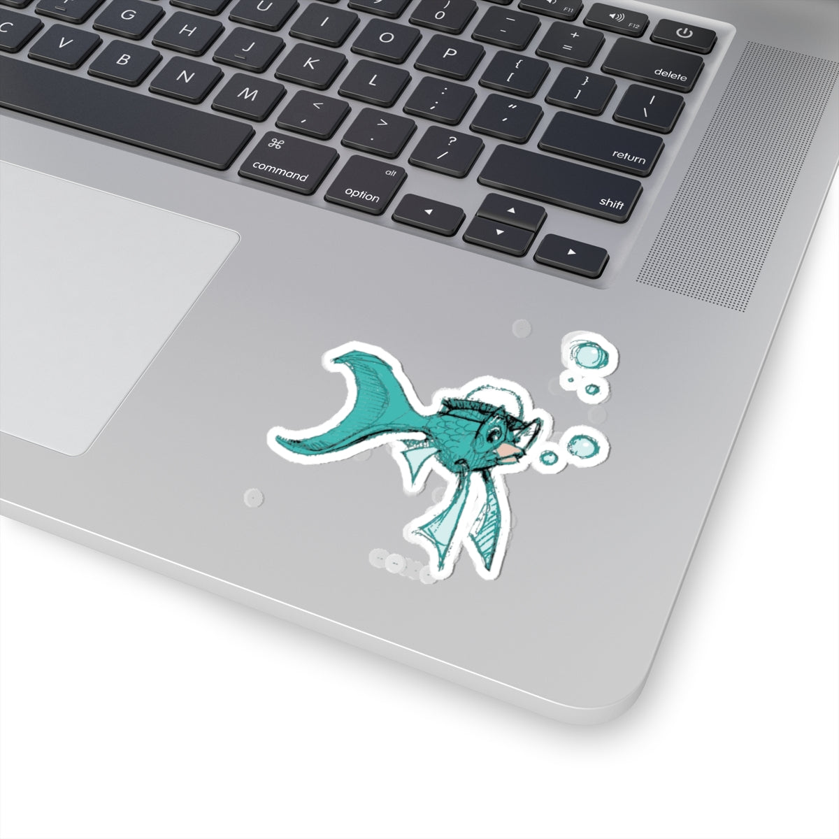 Hand-Drawn Teal Fish Sticker — Cute Aquatic Kiss-Cut Decal (Bubbles)