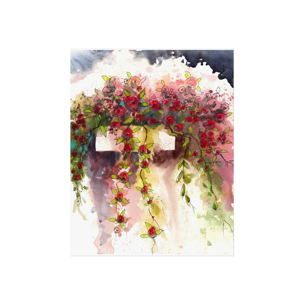 Floral Watercolor Wall Art Poster — Hanging Rose Basket Fine Art Print