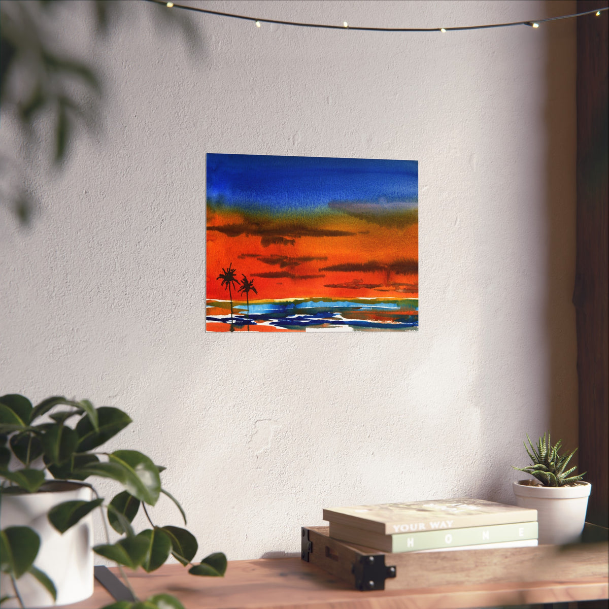 Fine Art Poster — Vibrant Tropical Sunset Watercolor with Palm Silhouettes
