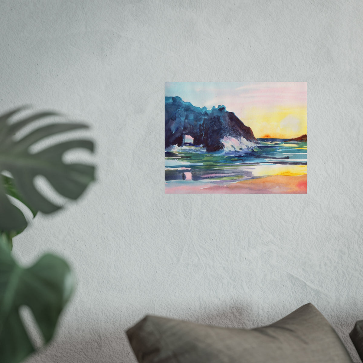 Watercolor Seascape Fine Art Poster — Coastal Sunset Beach Print