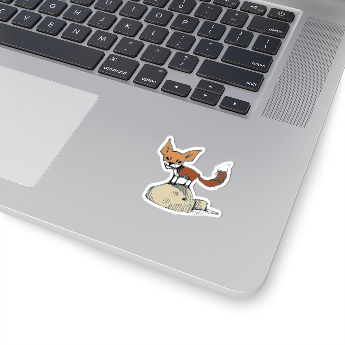 Hand-Drawn Fox on Rock Kiss-Cut Sticker — Cute Woodland Laptop Decal