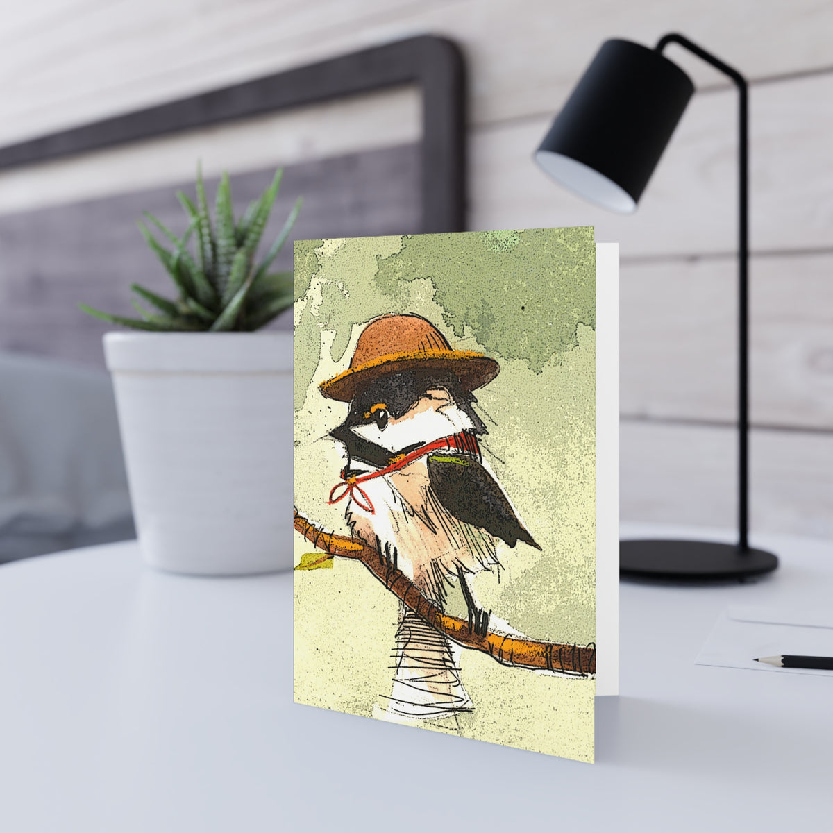 Chirpy Sparrow Hat Greeting Card — Whimsical Nature Note Card
