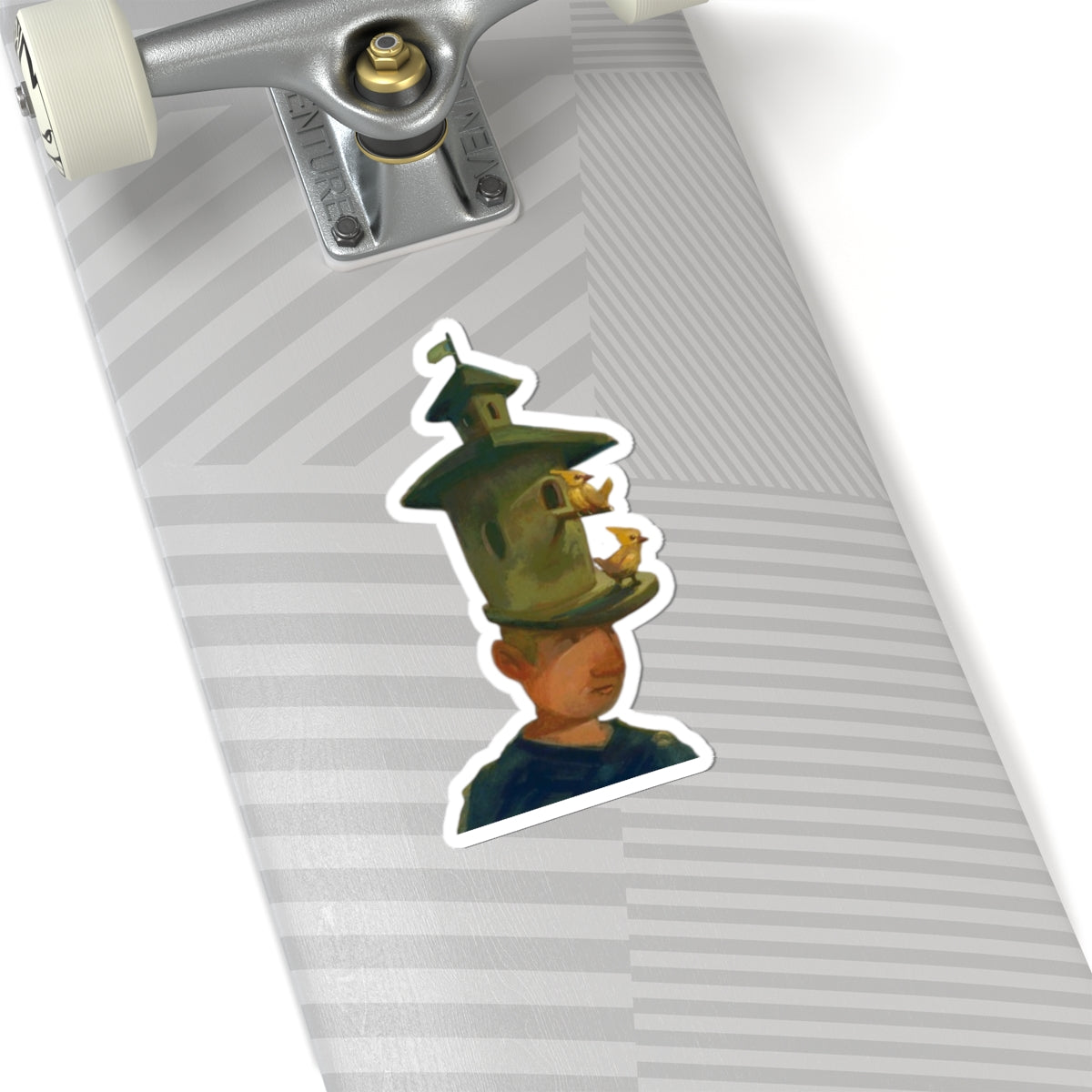 Surreal Birdhouse Head Sticker — Artistic Kiss-Cut Vinyl Decal