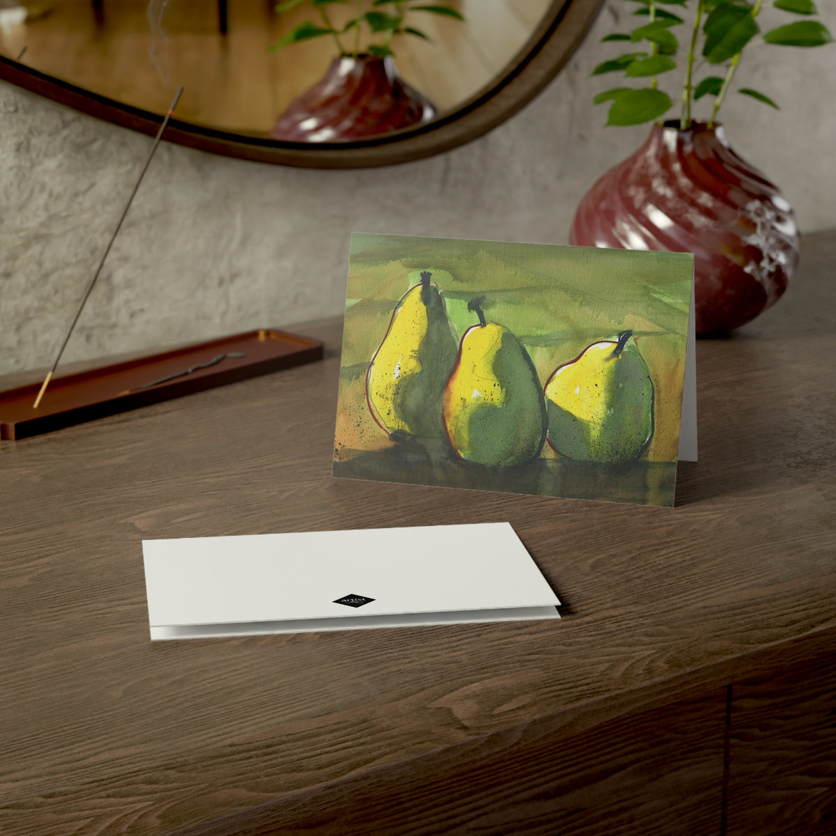 Pear Trio Greeting Card – Watercolor Fruit Blank Note Cards (Sets of 1, 10, 30, 50)