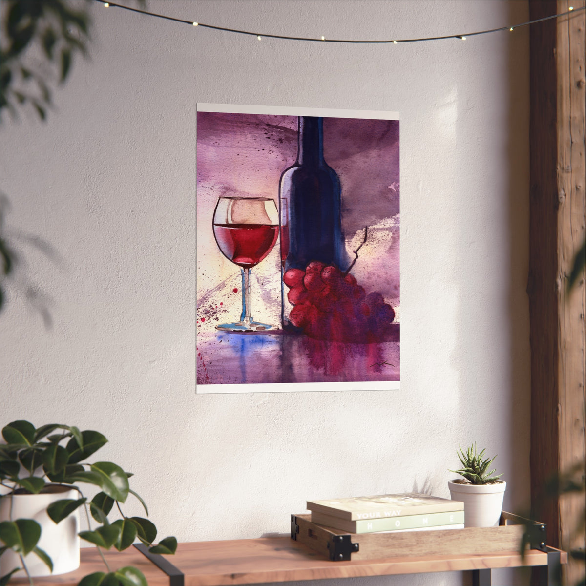 Wine Still Life Fine Art Poster — Watercolor Bottle, Glass & Grapes Wall Art