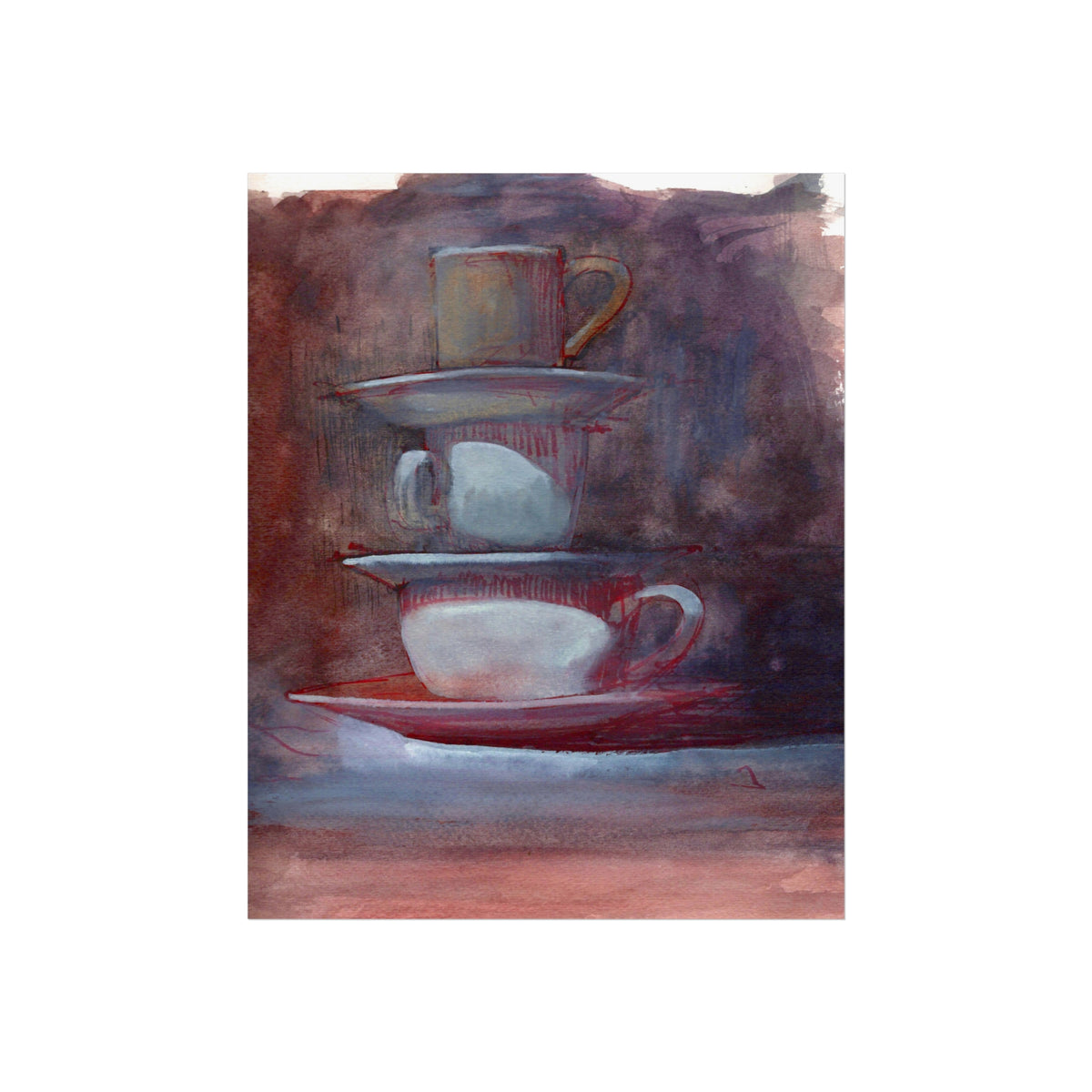 Tea Stacked Cups Fine Art Poster — Atmospheric Watercolor Kitchen Print
