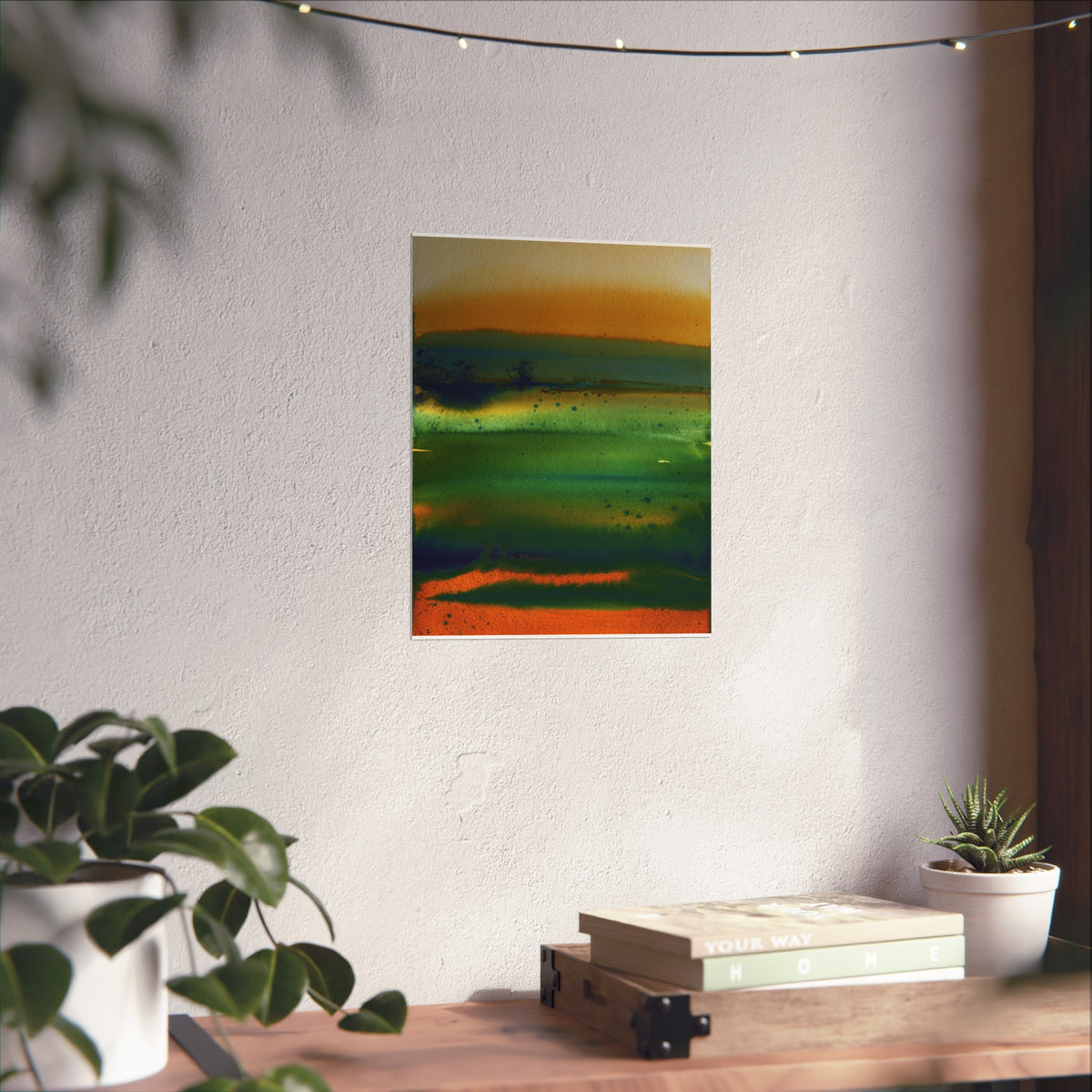 Abstract Landscape Fine Art Poster — Green & Orange Watercolor Wall Art