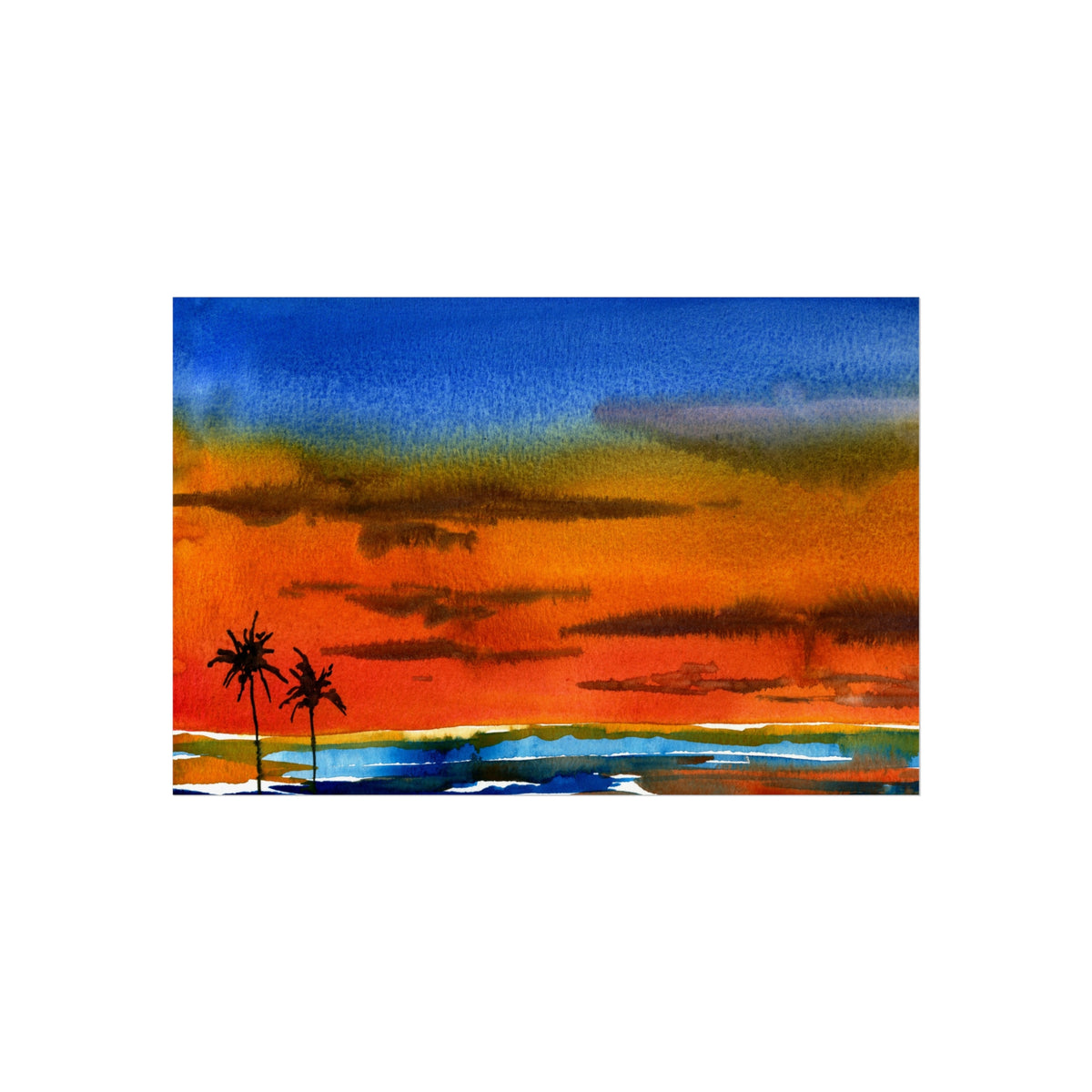 Fine Art Poster — Vibrant Tropical Sunset Watercolor with Palm Silhouettes