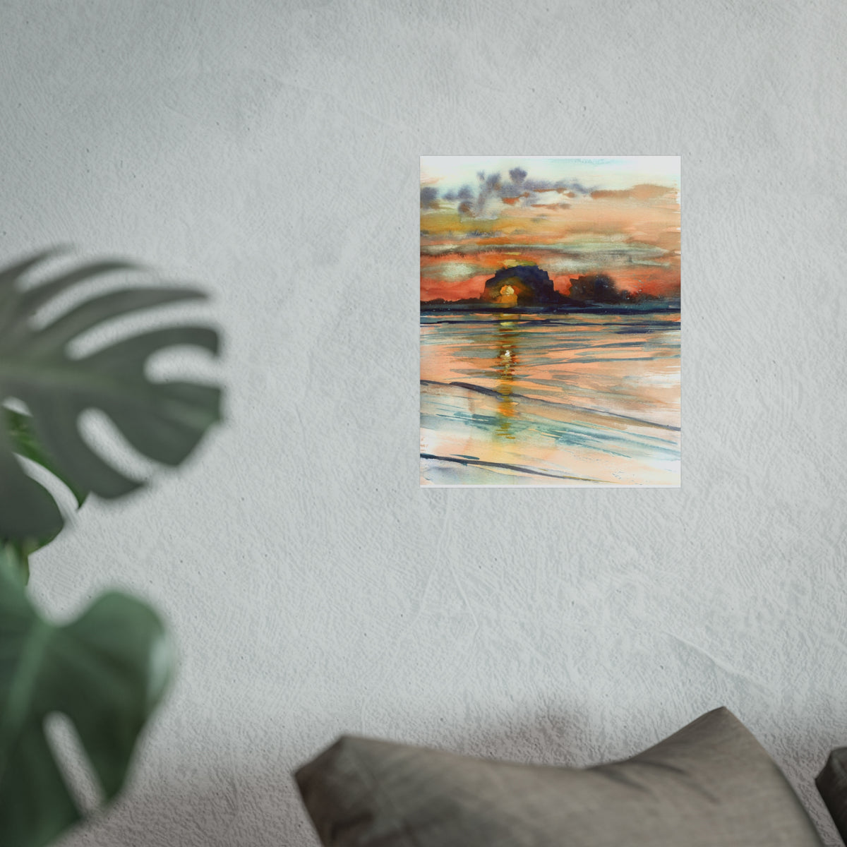 Sunset Seascape Fine Art Poster — Watercolor Coastal Landscape Print