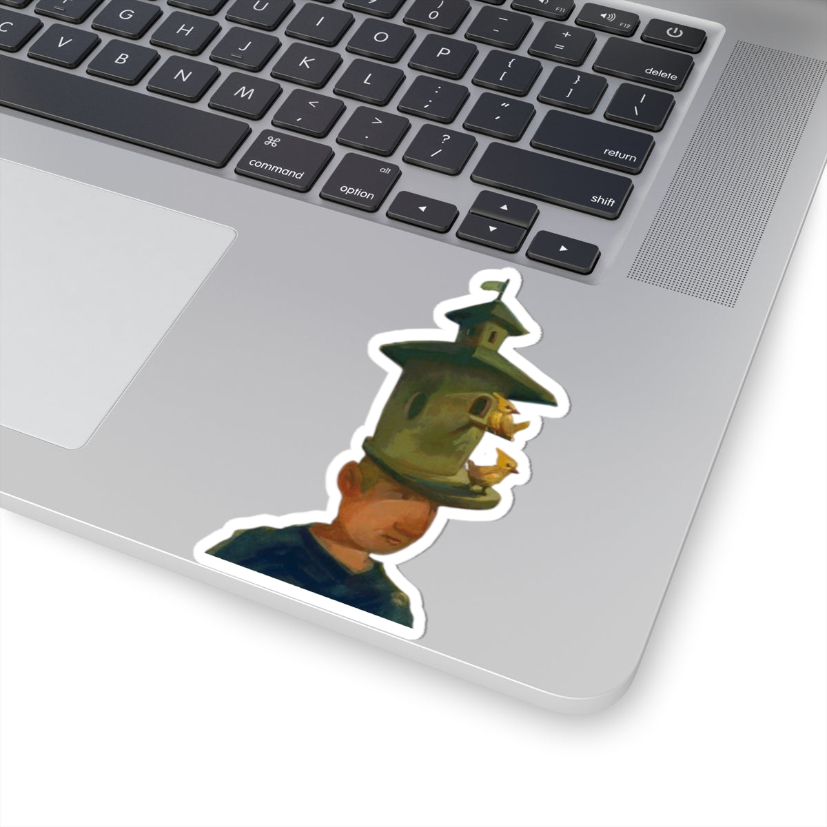 Surreal Birdhouse Head Sticker — Artistic Kiss-Cut Vinyl Decal